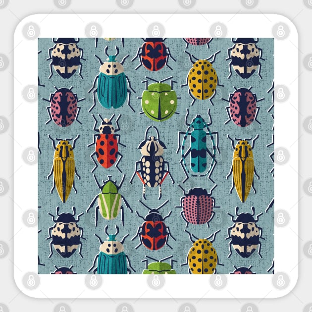 These don't bug me // pattern // duck egg blue background green yellow neon red orange pink blue and black and ivory retro paper cut beetles and insects Sticker by SelmaCardoso